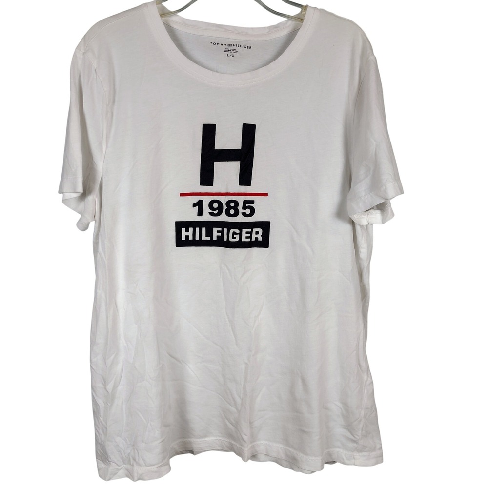 Tommy Hilfiger Womens L 1985 Logo Graphic Tee White Cotton Preppy Americana